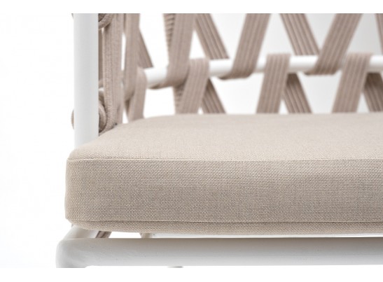 "Диего" стул плетеный из роупа, каркас из стали белый муар, роуп бежевый круглый, ткань бежевая 052 в Каменске-Уральском