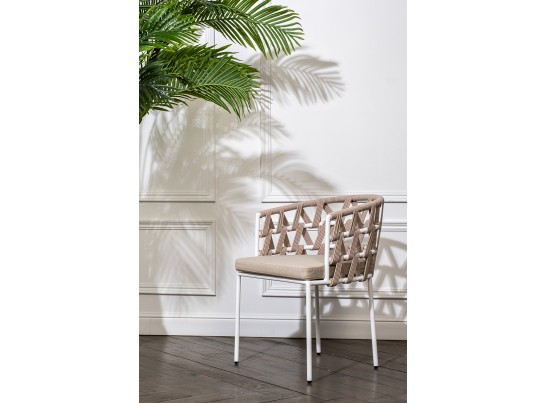 "Диего" стул плетеный из роупа, каркас из стали белый муар, роуп бежевый круглый, ткань бежевая 052 в Каменске-Уральском