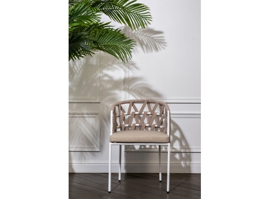 "Диего" стул плетеный из роупа, каркас из стали белый муар, роуп бежевый круглый, ткань бежевая 052 в Каменске-Уральском
