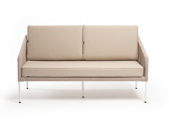 "Канны" диван 2-местный плетеный из роупа, каркас алюминий белый муар, роуп бежевый круглый, ткань бежевая 052 в Каменске-Уральском
