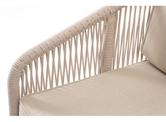 "Канны" диван 2-местный плетеный из роупа, каркас алюминий белый муар, роуп бежевый круглый, ткань бежевая 052 в Каменске-Уральском