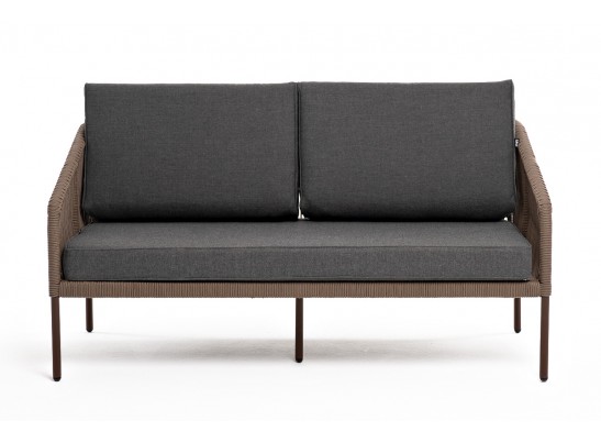 "Канны" диван 2-местный плетеный из роупа, каркас алюминий коричневый (RAL8016) муар, роуп коричневый круглый, ткань темно-серая 027 в Каменске-Уральском