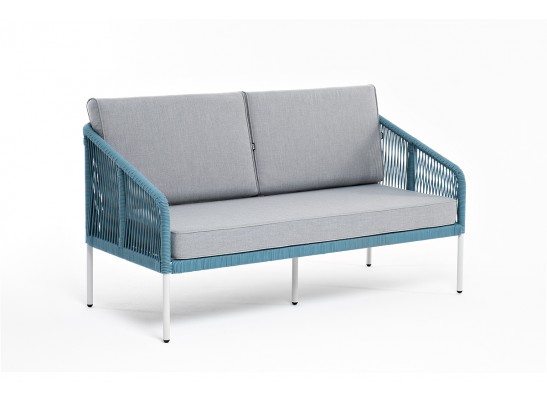 "Канны" диван 2-местный плетеный из роупа, каркас алюминий светло-серый (RAL7035) муар, роуп бирюзовый круглый, ткань светло-серая в Каменске-Уральском
