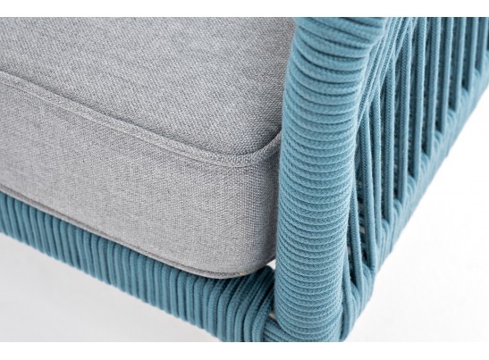 "Канны" диван 2-местный плетеный из роупа, каркас алюминий светло-серый (RAL7035) муар, роуп бирюзовый круглый, ткань светло-серая в Каменске-Уральском