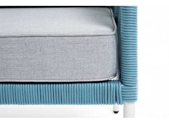 "Канны" диван 2-местный плетеный из роупа, каркас алюминий светло-серый (RAL7035) муар, роуп бирюзовый круглый, ткань светло-серая в Каменске-Уральском