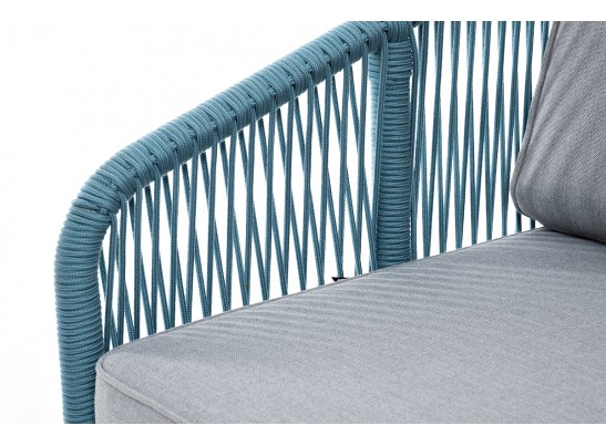 "Канны" диван 2-местный плетеный из роупа, каркас алюминий светло-серый (RAL7035) муар, роуп бирюзовый круглый, ткань светло-серая в Каменске-Уральском