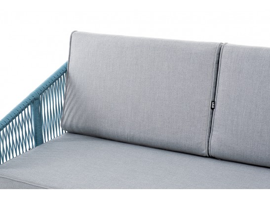 "Канны" диван 2-местный плетеный из роупа, каркас алюминий светло-серый (RAL7035) муар, роуп бирюзовый круглый, ткань светло-серая в Каменске-Уральском