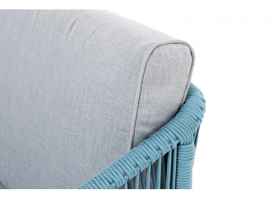 "Канны" диван 2-местный плетеный из роупа, каркас алюминий светло-серый (RAL7035) муар, роуп бирюзовый круглый, ткань светло-серая в Каменске-Уральском