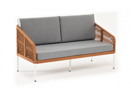 "Канны" диван 2-местный плетеный из роупа, каркас алюминий светло-серый (RAL7035) муар, роуп оранжевый меланж круглый, ткань светло-серая в Каменске-Уральском