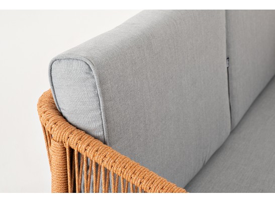 "Канны" диван 2-местный плетеный из роупа, каркас алюминий светло-серый (RAL7035) муар, роуп оранжевый меланж круглый, ткань светло-серая в Каменске-Уральском