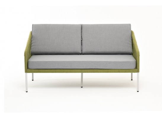 "Канны" диван 2-местный плетеный из роупа, каркас алюминий светло-серый (RAL7035) муар, роуп салатовый меланж круглый, ткань светло-серая в Каменске-Уральском