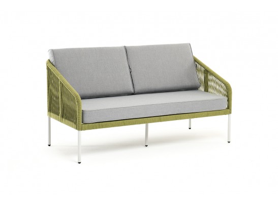 "Канны" диван 2-местный плетеный из роупа, каркас алюминий светло-серый (RAL7035) муар, роуп салатовый меланж круглый, ткань светло-серая в Каменске-Уральском