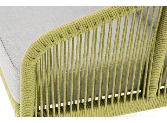 "Канны" диван 2-местный плетеный из роупа, каркас алюминий светло-серый (RAL7035) муар, роуп салатовый меланж круглый, ткань светло-серая в Каменске-Уральском