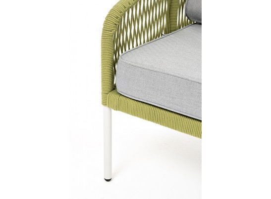"Канны" диван 2-местный плетеный из роупа, каркас алюминий светло-серый (RAL7035) муар, роуп салатовый меланж круглый, ткань светло-серая в Каменске-Уральском