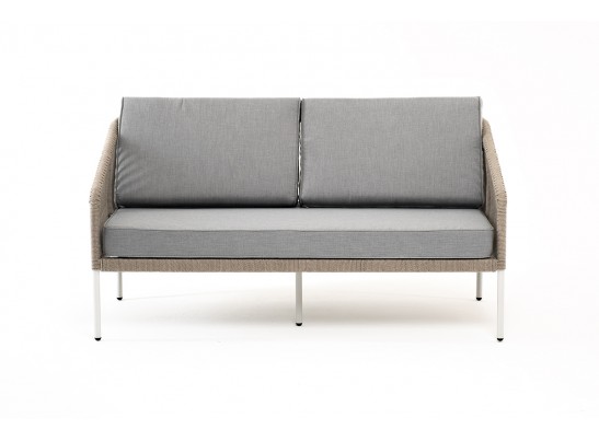 "Канны" диван 2-местный плетеный из роупа, каркас алюминий светло-серый (RAL7035) шагрень, роуп серый меланж круглый, ткань светло-серая в Каменске-Уральском
