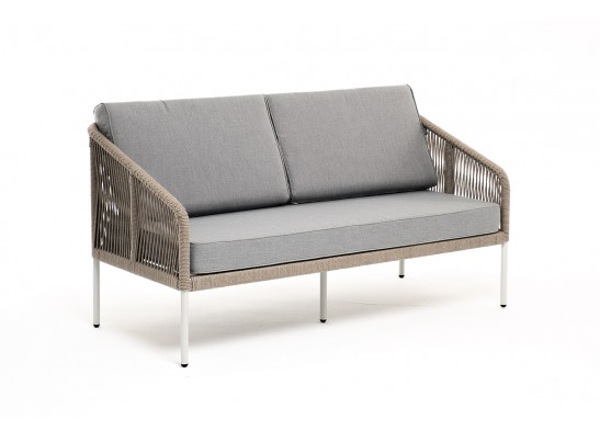 "Канны" диван 2-местный плетеный из роупа, каркас алюминий светло-серый (RAL7035) шагрень, роуп серый меланж круглый, ткань светло-серая в Каменске-Уральском