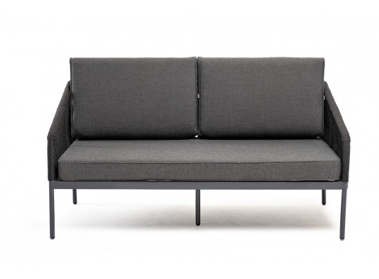 "Канны" диван 2-местный плетеный из роупа, каркас алюминий темно-серый (RAL7024) муар, роуп темно-серый круглый, ткань темно-серая 027 в Каменске-Уральском