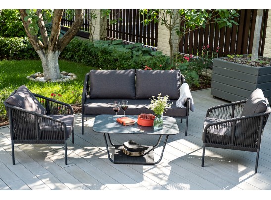 "Канны" диван 2-местный плетеный из роупа, каркас алюминий темно-серый (RAL7024) муар, роуп темно-серый круглый, ткань темно-серая 027 в Каменске-Уральском