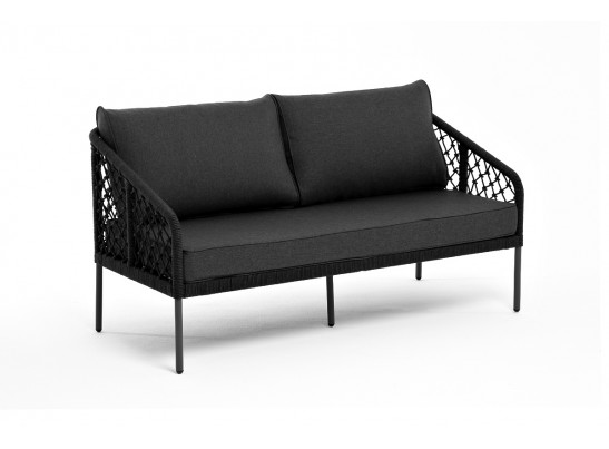 "Канны" диван 2-местный плетеный из роупа (узелки), каркас алюминий темно-серый (RAL7024) муар, роуп темно-серый круглый, ткань темно-серая 027 в Каменске-Уральском