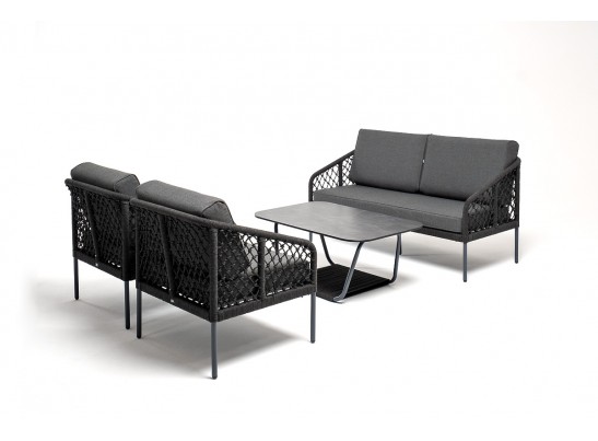 "Канны" диван 2-местный плетеный из роупа (узелки), каркас алюминий темно-серый (RAL7024) муар, роуп темно-серый круглый, ткань темно-серая 027 в Каменске-Уральском