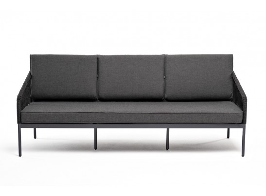 "Канны" диван 3-местный плетеный из роупа, каркас алюминий темно-серый (RAL7024) муар, роуп темно-серый круглый, ткань темно-серая 027 в Каменске-Уральском