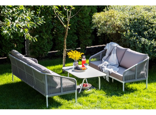 "Канны" диван 2-местный плетеный из роупа, каркас алюминий белый, роуп светло-серый, ткань светло-серая в Каменске-Уральском
