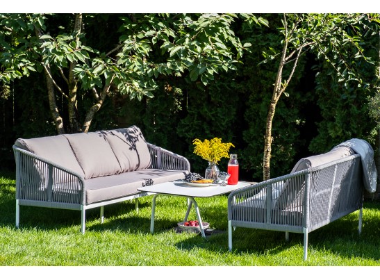 "Канны" диван 2-местный плетеный из роупа, каркас алюминий белый, роуп светло-серый кругл, ткань серая в Каменске-Уральском