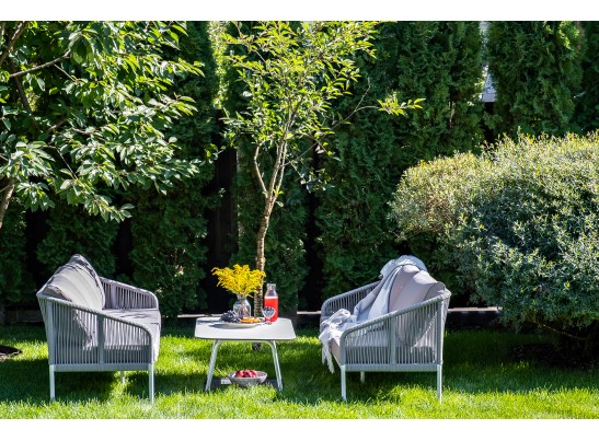 "Канны" диван 2-местный плетеный из роупа, каркас алюминий белый, роуп светло-серый кругл, ткань серая в Каменске-Уральском