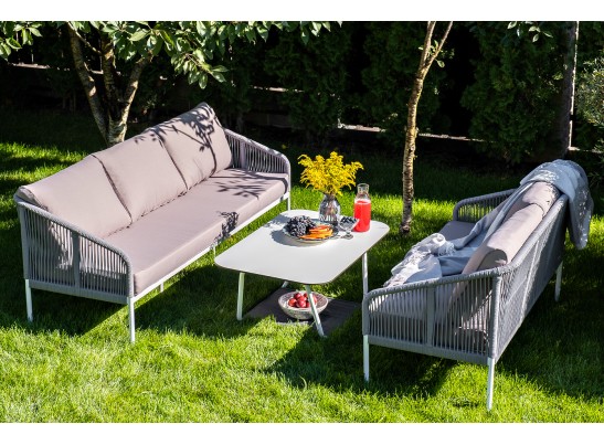 "Канны" диван 2-местный плетеный из роупа, каркас алюминий белый, роуп светло-серый кругл, ткань серая в Каменске-Уральском