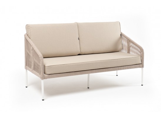 "Канны" диван 2-местный плетеный из роупа, каркас алюминий белый, роуп бежевый, ткань бежевая в Каменске-Уральском