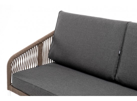 "Канны" диван 2-местный плетеный из роупа, каркас алюминий белый, роуп коричневый круглый, ткань серая в Каменске-Уральском