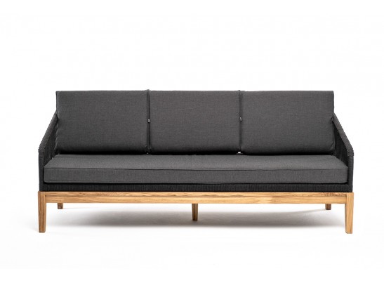 "Канны" диван 3-местный плетеный из роупа, основание дуб, роуп темно-серый круглый, ткань темно-серая 027 в Каменске-Уральском