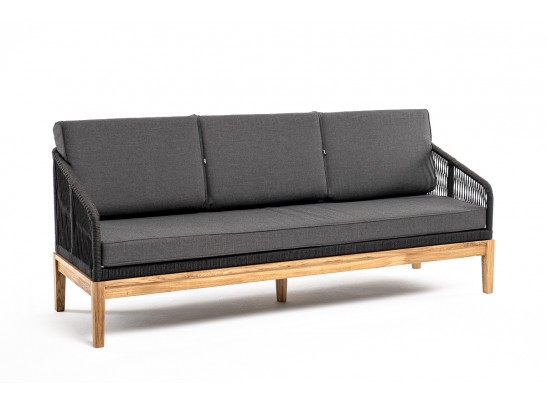 "Канны" диван 3-местный плетеный из роупа, основание дуб, роуп темно-серый круглый, ткань темно-серая 027 в Каменске-Уральском