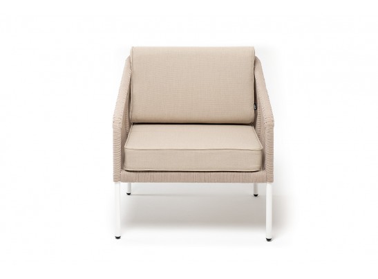 "Канны" кресло плетеное из роупа, каркас алюминий белый, муар, роуп бежевый круглый, ткань бежевая 052 в Каменске-Уральском