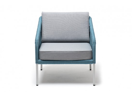 "Канны" кресло плетеное из роупа, каркас алюминий светло-серый (RAL7035) муар, роуп бирюзовый круглый, ткань светло-серая в Каменске-Уральском