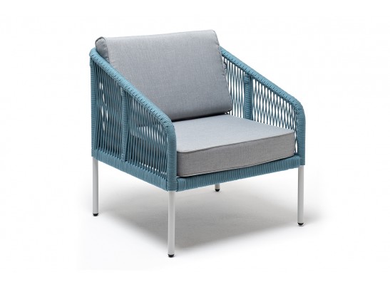 "Канны" кресло плетеное из роупа, каркас алюминий светло-серый (RAL7035) муар, роуп бирюзовый круглый, ткань светло-серая в Каменске-Уральском