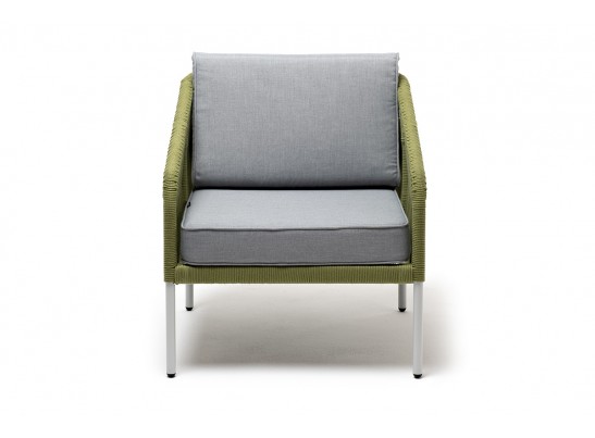 "Канны" кресло плетеное из роупа, каркас алюминий светло-серый (RAL7035) муар, роуп салатовый меланж круглый, ткань светло-серая в Каменске-Уральском