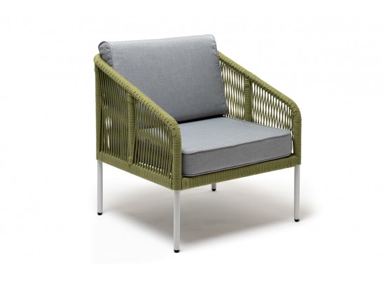 "Канны" кресло плетеное из роупа, каркас алюминий светло-серый (RAL7035) муар, роуп салатовый меланж круглый, ткань светло-серая в Каменске-Уральском