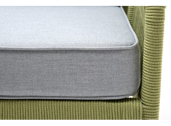 "Канны" кресло плетеное из роупа, каркас алюминий светло-серый (RAL7035) муар, роуп салатовый меланж круглый, ткань светло-серая в Каменске-Уральском