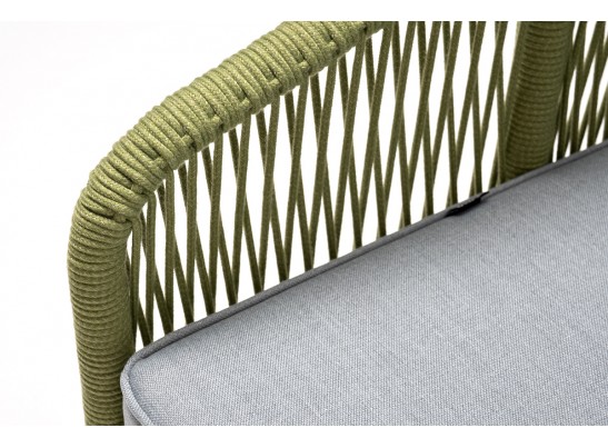 "Канны" кресло плетеное из роупа, каркас алюминий светло-серый (RAL7035) муар, роуп салатовый меланж круглый, ткань светло-серая в Каменске-Уральском