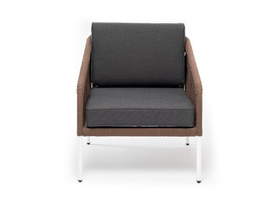 "Канны" кресло плетеное из роупа (веревки), каркас алюминий белый, роуп коричневый, ткань серая в Каменске-Уральском