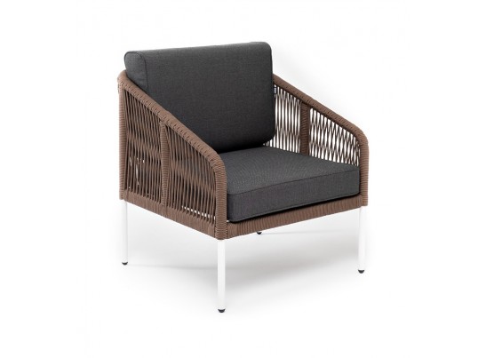 "Канны" кресло плетеное из роупа (веревки), каркас алюминий белый, роуп коричневый, ткань серая в Каменске-Уральском