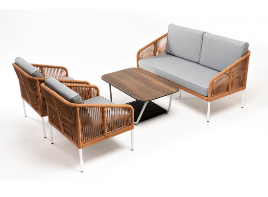 "Канны" лаунж-зона 4-местная из роупа со столом "Глория" цвет "дуб", каркас алюминиевый белый, роуп оранжевый меланж в Каменске-Уральском