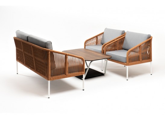 "Канны" лаунж-зона 4-местная из роупа со столом "Глория" цвет "дуб", каркас алюминиевый белый, роуп оранжевый меланж в Каменске-Уральском