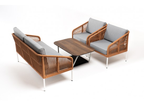 "Канны" лаунж-зона 4-местная из роупа со столом "Глория" цвет "дуб", каркас алюминиевый белый, роуп оранжевый меланж в Каменске-Уральском