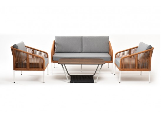 "Канны" лаунж-зона 4-местная из роупа со столом "Глория" цвет "дуб", каркас алюминиевый белый, роуп оранжевый меланж в Каменске-Уральском