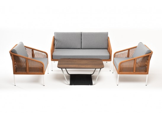 "Канны" лаунж-зона 4-местная из роупа со столом "Глория" цвет "дуб", каркас алюминиевый белый, роуп оранжевый меланж в Каменске-Уральском