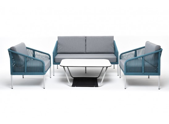 "Канны" лаунж-зона 4-местная из роупа со столом "Глория" (молочный), каркас алюминиевый светло-серый, роуп бирюзовый в Каменске-Уральском