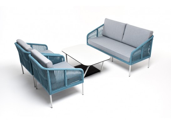 "Канны" лаунж-зона 4-местная из роупа со столом "Глория" (молочный), каркас алюминиевый светло-серый, роуп бирюзовый в Каменске-Уральском