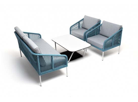 "Канны" лаунж-зона 4-местная из роупа со столом "Глория" (молочный), каркас алюминиевый светло-серый, роуп бирюзовый в Каменске-Уральском